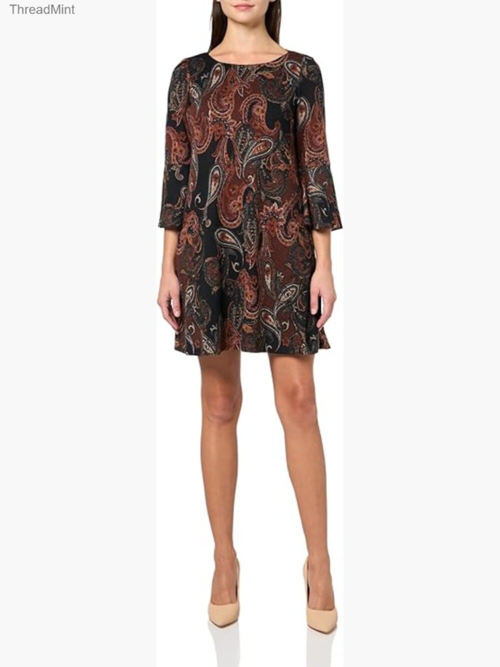 3/4 Sleeve Crew Neck Printed Trapeze Dress, Versatile Year-Round Wardrobe
